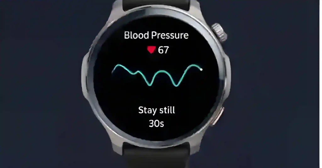 Amazfit Balance 2 smartwatch showing a blood pressure reading on its screen.