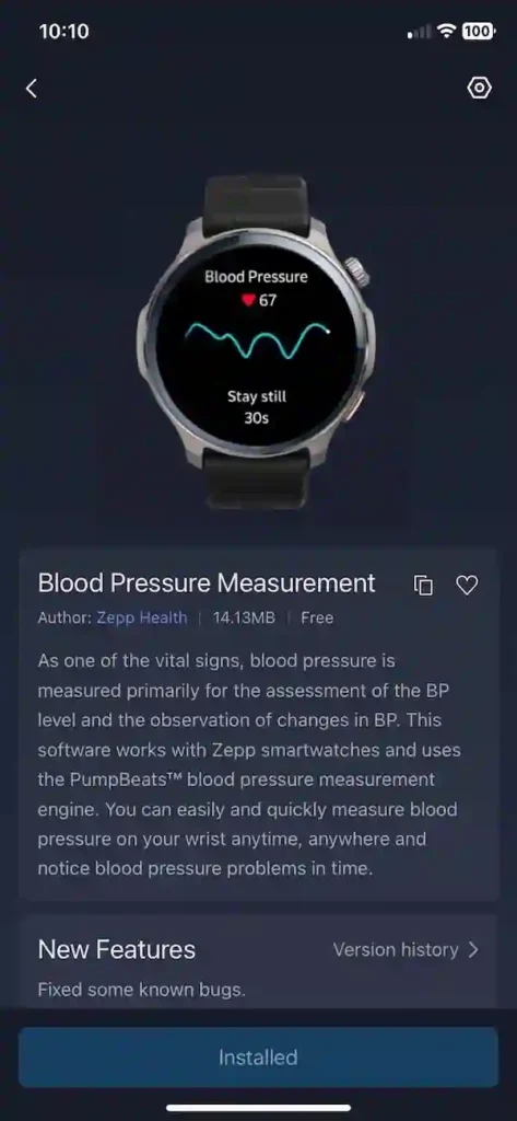 Close-up of Amazfit Balance 2 smartwatch displaying blood pressure monitoring feature