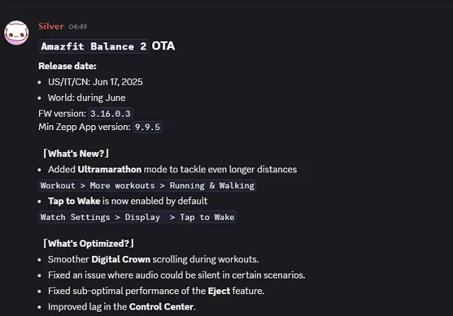 Zepp app showing Amazfit Balance 2 firmware version 3.16.0.3 update available