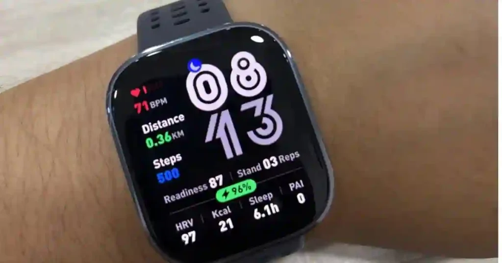 Amazfit Bip 6 smartwatch with a bright display and slim design, ideal for everyday fitness and health tracking.