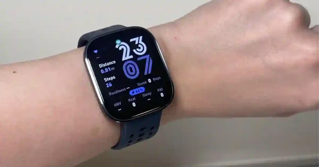 Amazfit Bip 6 smartwatch displaying Zepp OS 5 home screen after update 3.2.2.10.1.