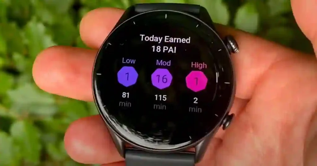 Amazfit smartwatch showing PAI score for beginners with tips to improve Personal Activity Intelligence