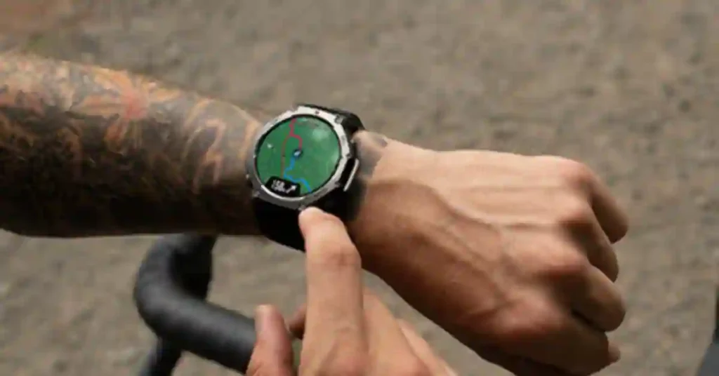 Amazfit T-Rex 3 used by hiker for GPS tracking on a mountain trail with trees in the background