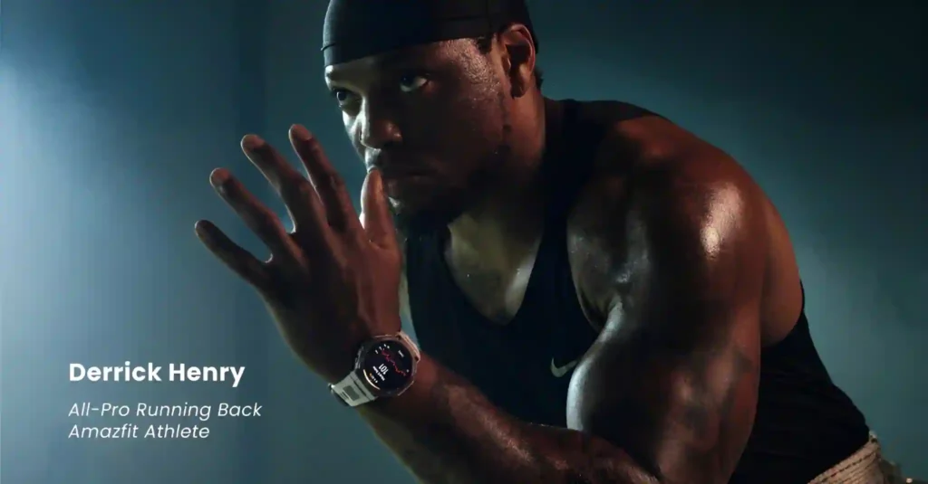 Derrick Henry wearing Amazfit T-Rex 3 smartwatch during training