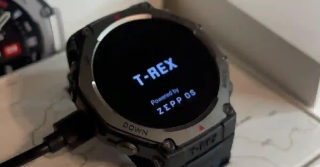 Render or concept image of the Amazfit T-Rex 4 smartwatch with text overlay showing 2025 release date and rumored specs.