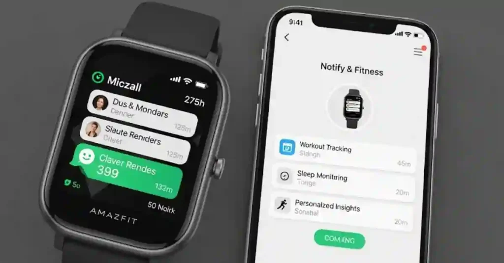 An Amazfit smartwatch displaying a notification, with the Notify for Amazfit & Zepp app open on a smartphone, illustrating third-party notification setup.