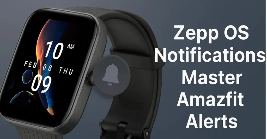 Close-up of an Amazfit smartwatch displaying a notification, with the Zepp app open on a smartphone in the background, symbolizing notification management.