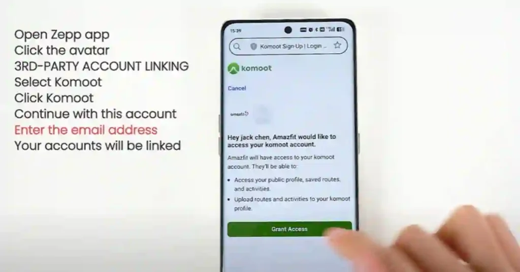 Screenshot of Zepp app showing "Third-Party Account Linking" menu to connect Komoot.