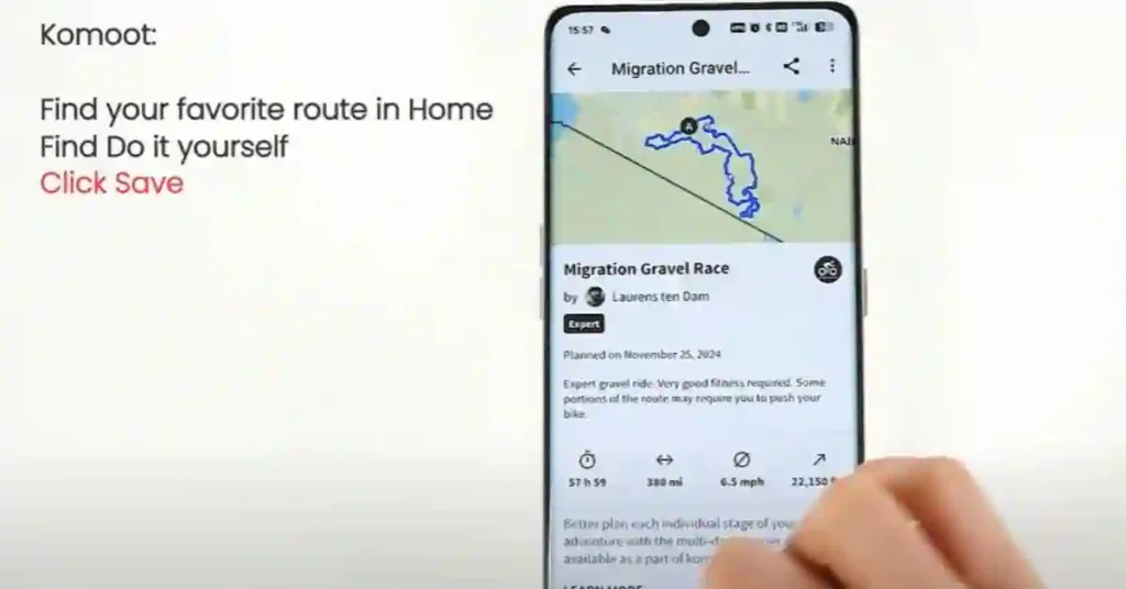 Komoot app showing "Discover" section with ready-made hiking and biking routes.