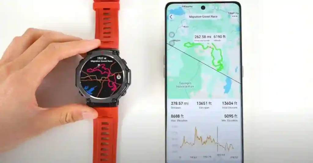 Amazfit T-Rex 3 watch displaying a loaded Komoot navigation route for hiking.