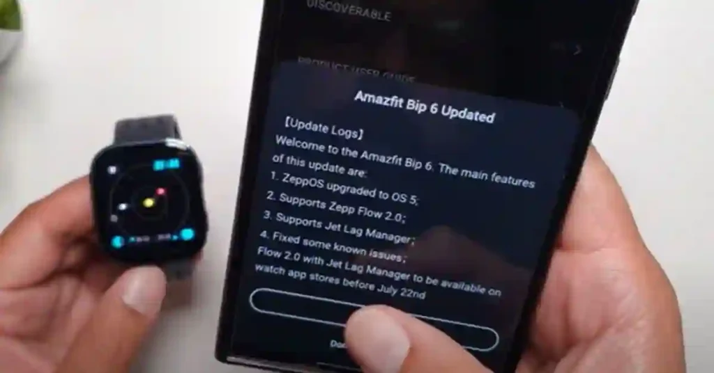 Bip 6 smartwatch app drawer after Zepp OS 5 update, showing new layout and Jet Lag app