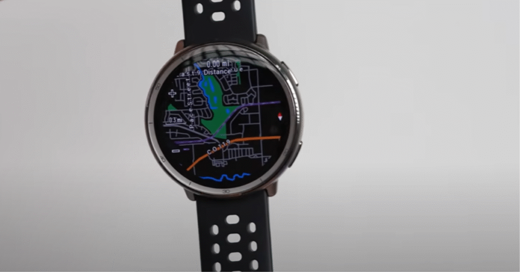 The Amazfit Active 2 smartwatch display showing an offline map with a pre-loaded cycling route and street labels.