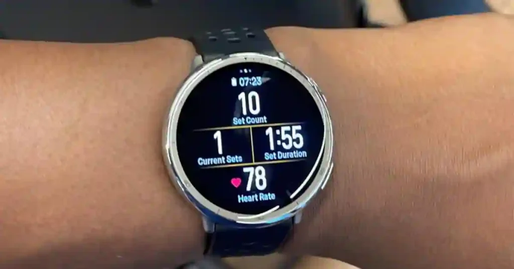A close-up of the Amazfit Active 2 on a person's wrist, displaying real-time heart rate data during a running workout.