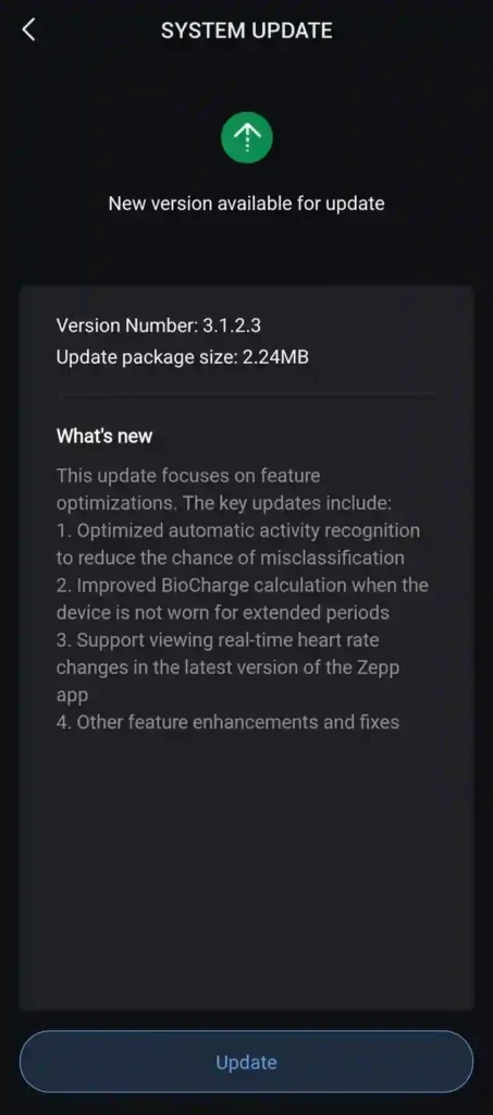 Screenshot of Amazfit Helio Strap showing BioCharge Energy metric for real-time recovery tracking