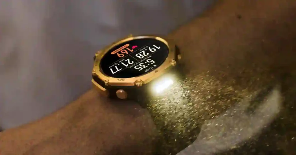 Amazfit T-Rex 3 Pro smartwatch showing Bluetooth calling and flashlight compared to standard T-Rex 3 notifications.