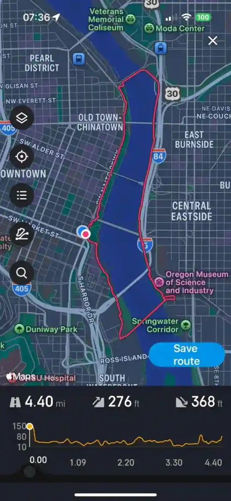 Interactive map in Zepp Health app displaying route distance and elevation profile for Amazfit watch users