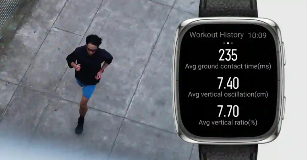 Screenshot of Amazfit Active 2 Update v6.3.10.4 displaying vertical oscillation and ground contact time metrics during a running workout