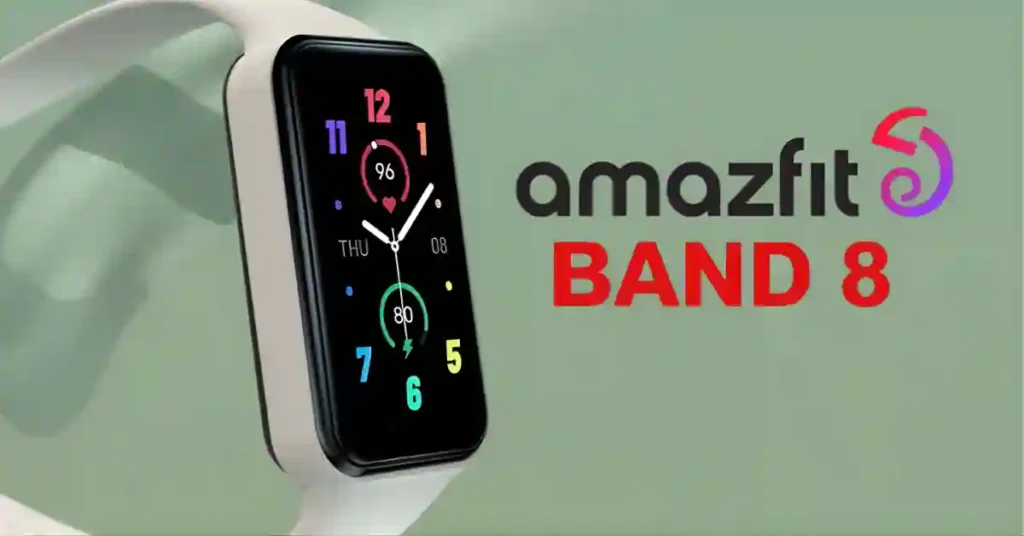 Amazfit Band 7 fitness tracker next to a concept of the rumored Amazfit Band 8 smartwatch.