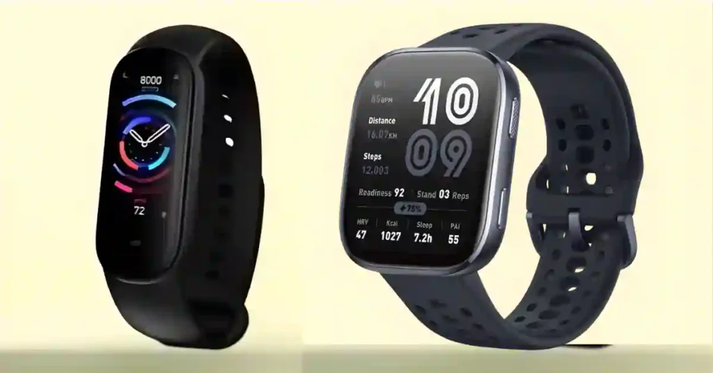 Comparison of Amazfit Bip 6 smartwatch and Amazfit Band 7 fitness tracker showing screen size difference.