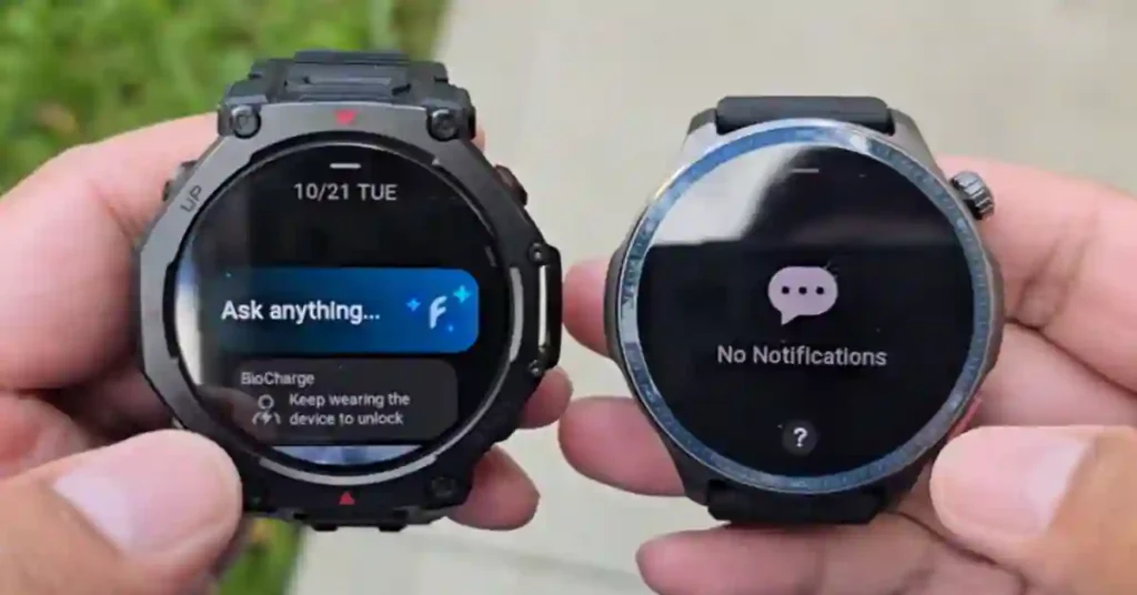 Close-up of Amazfit T-Rex 3 Pro titanium bezel and four physical buttons, rugged outdoor