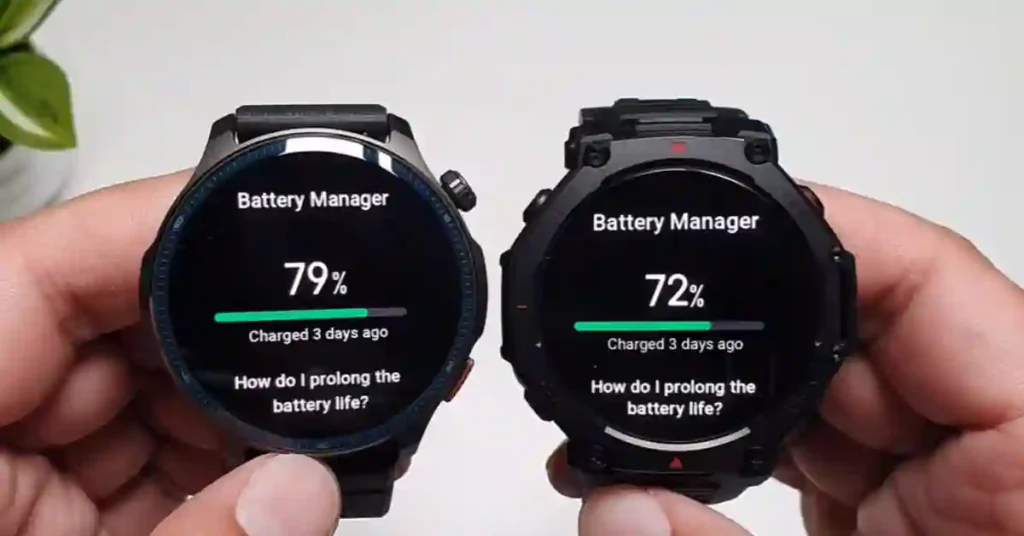 Battery life comparison between Amazfit T-Rex 3 Pro and Balance 2 showing 7-9 days of usage