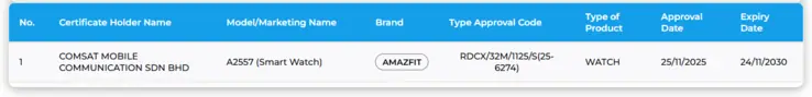 Screenshot showing the Amazfit A2557 smartwatch entry in the Malaysian SIRIM certification database.