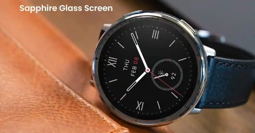 Close-up of Amazfit Active 2 Premium smartwatch with sapphire lens and leather strap