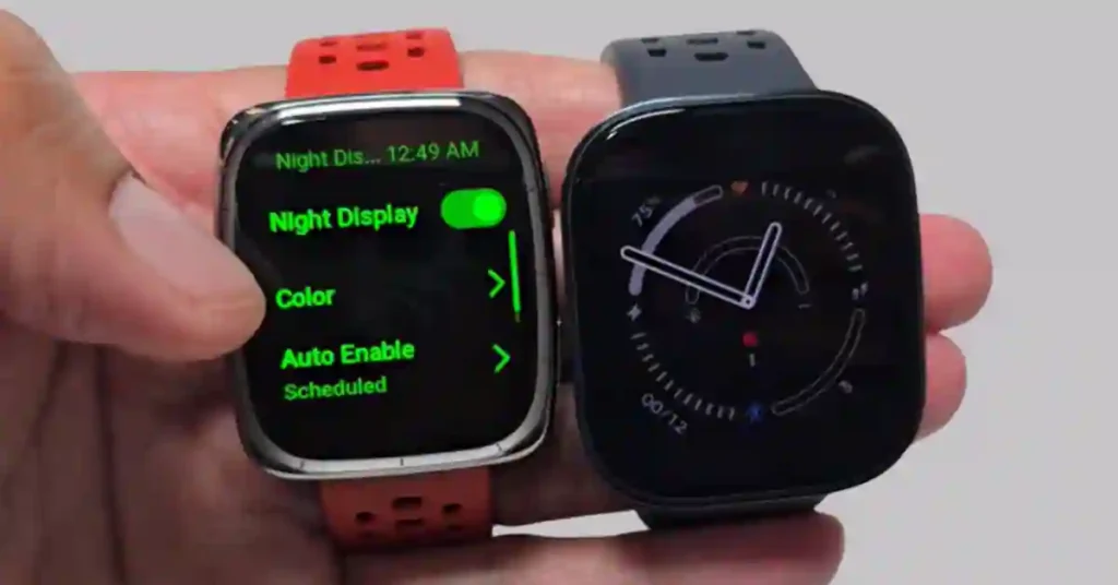 Amazfit Active 2 Square showing red-tinted night display beside Amazfit Bip 6 standard screen in low light