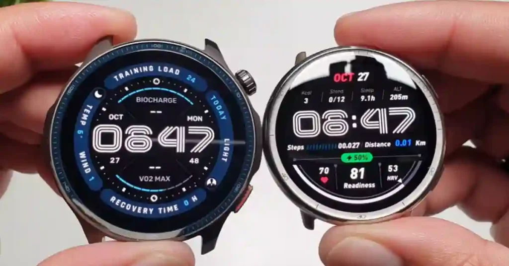 Close-up of Amazfit Active 2 and Amazfit Balance 2 showing watch case design, strap, and materials