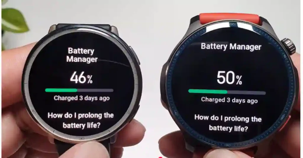 Battery comparison chart between Amazfit Active 2 and Balance 2 showing runtime and charging time differences