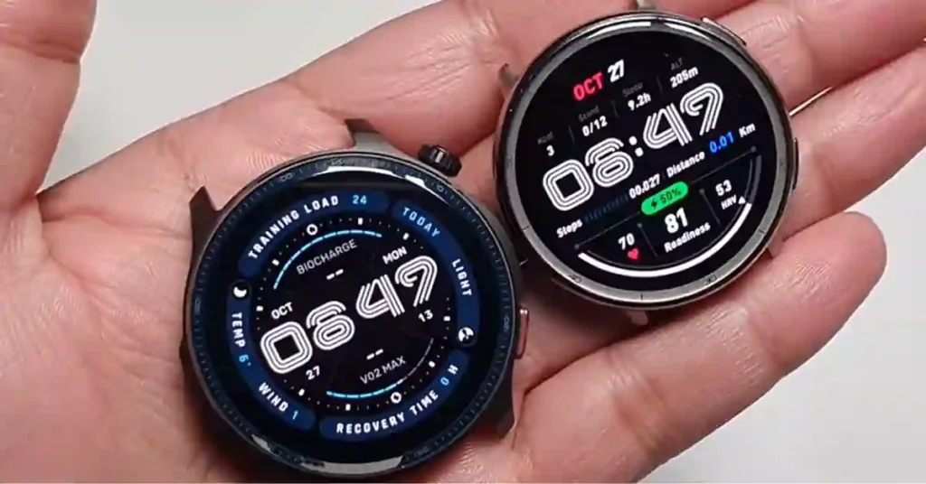 AMOLED display comparison of Amazfit Active 2 and Amazfit Balance 2 showing color and clarity differences
