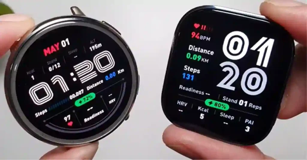 Amazfit Active 2 circular AMOLED display vs Bip 6 large square AMOLED display showing screen size and readability differences