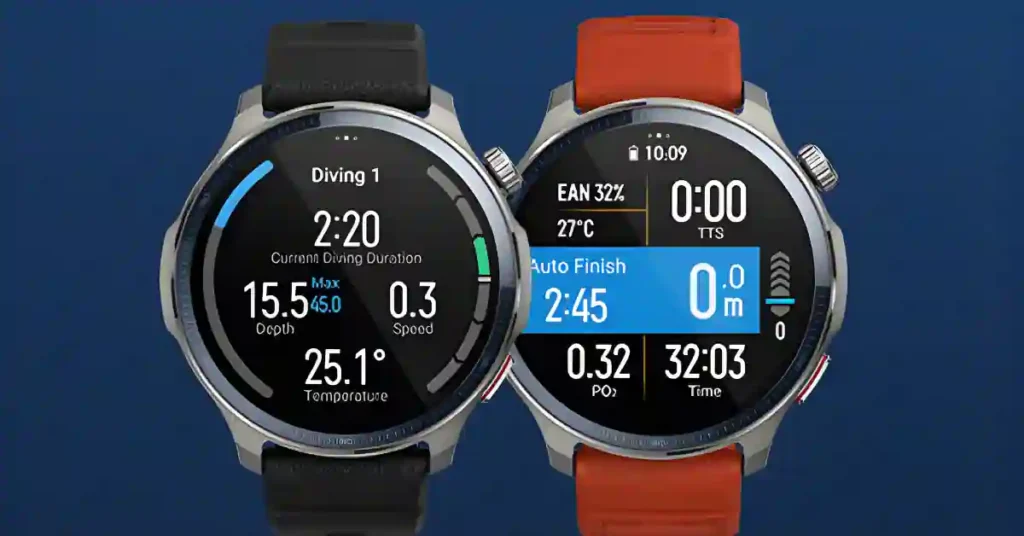 Amazfit Balance 2 Review (2025): The Smartwatch That Finally Gets It Right Amazfit Balance 2 smartwatches side-by-side, showing the Diving Mode screen with metrics like current depth, duration, temperature, and EAN (Enriched Air Nitrox) percentages.