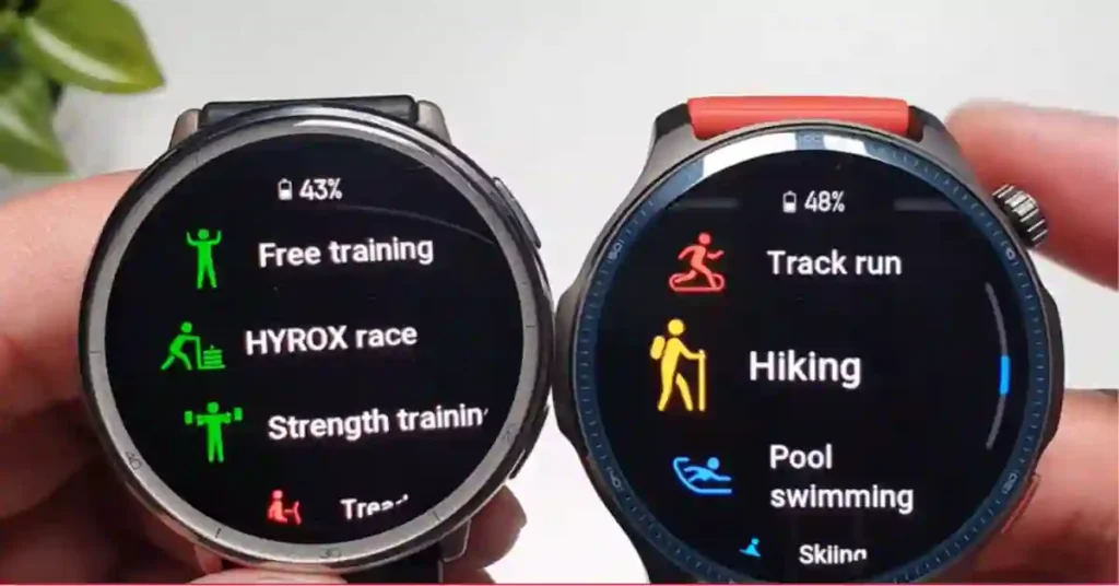 Amazfit Balance 2 smartwatch showing BioCharge and Readiness metrics next to Amazfit Active 2 fitness tracking screen