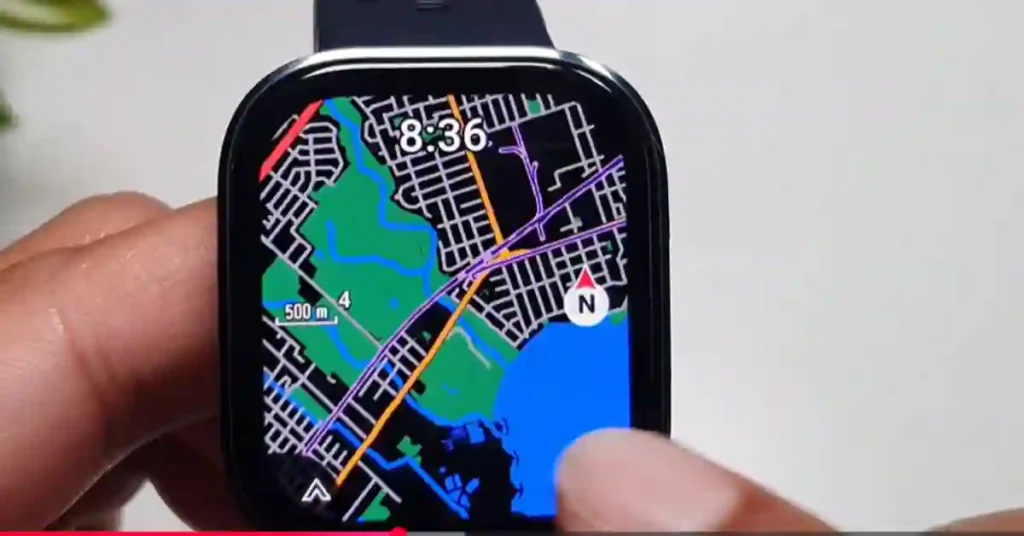 Amazfit Bip 6 smartwatch showing accurate GPS route tracking on display.