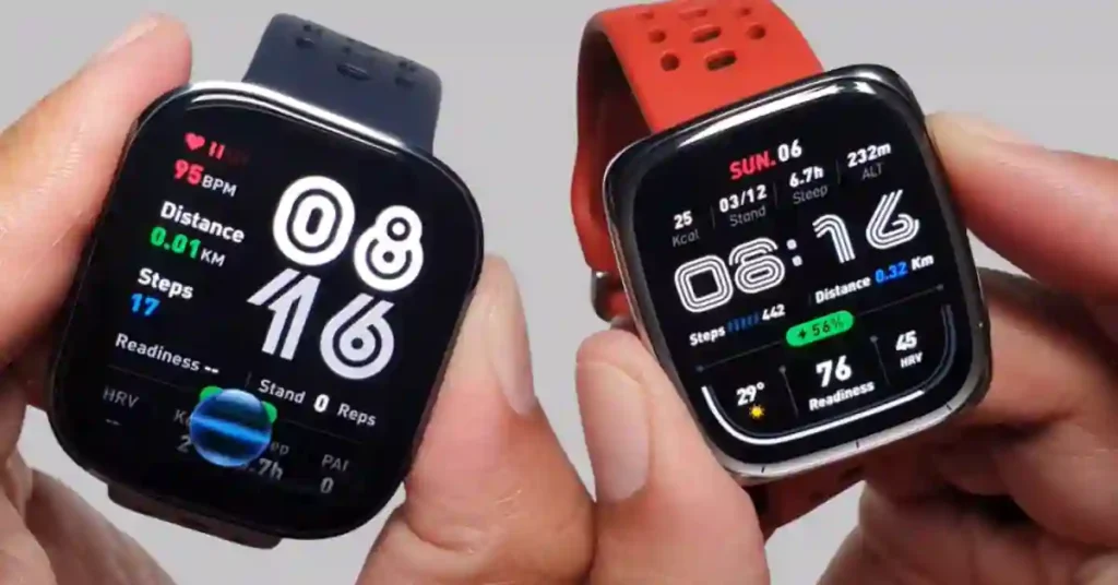 Side view of both smartwatch displays showing screen size and brightness differences