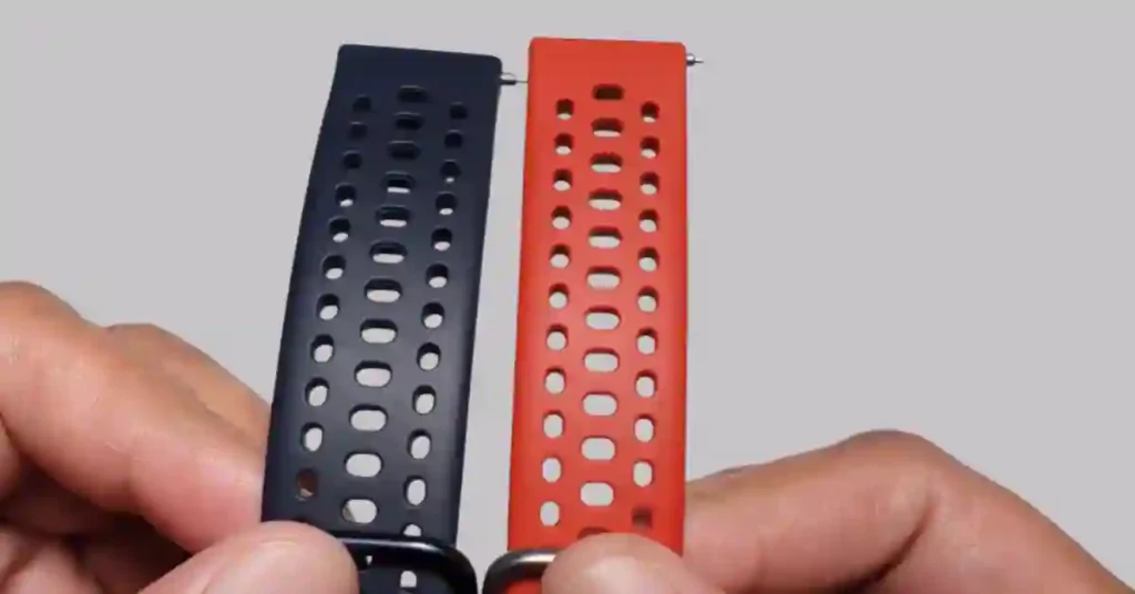 mazfit Active 2 Square straps in faux leather and red silicone beside Amazfit Bip 6 silicone strap