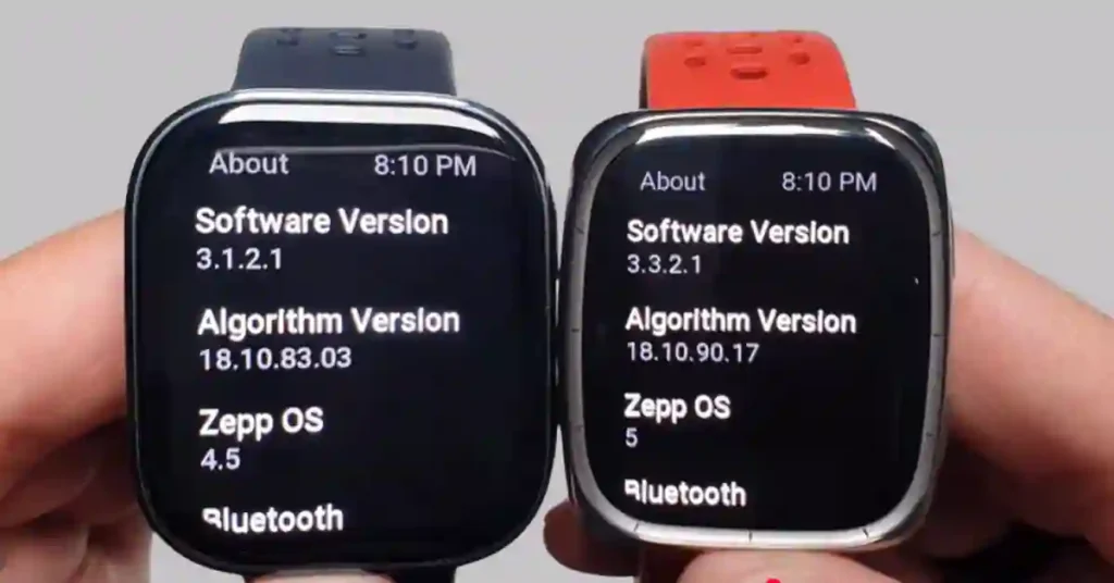 Amazfit Bip 6 and Active 2 Square running Zepp OS 5 with widgets and app interface