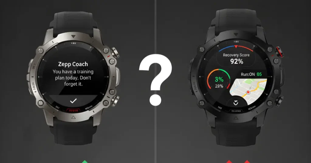 Side-by-side comparison graphic showing the Amazfit Falcon vs. the rumored Amazfit Falcon 2 (A2557) with the central question, "Buy Now or Wait?"