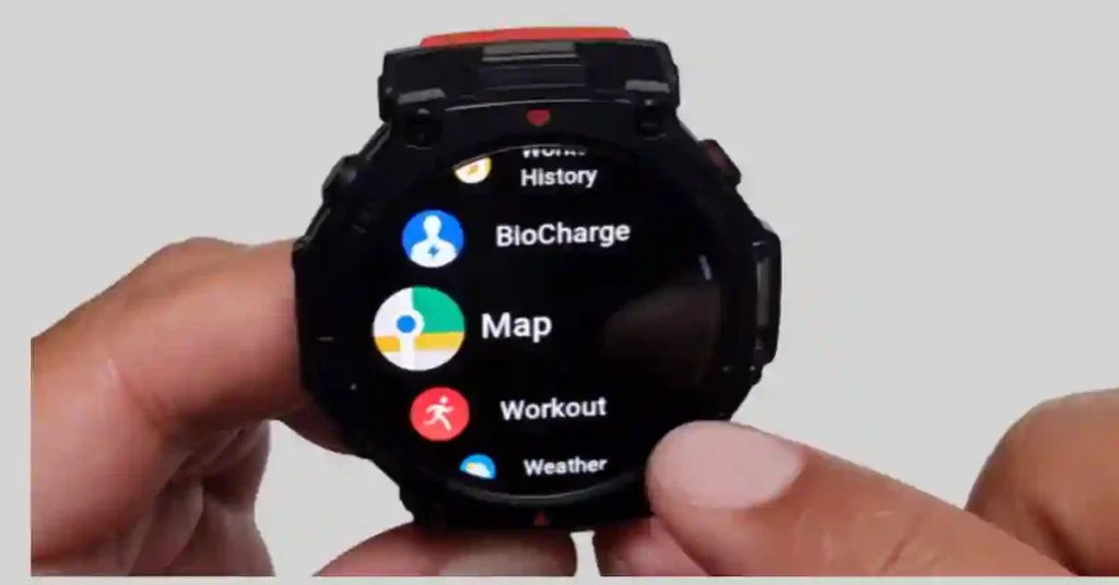 Amazfit T-Rex 3 Pro displaying map app with GPS connection for outdoor navigation