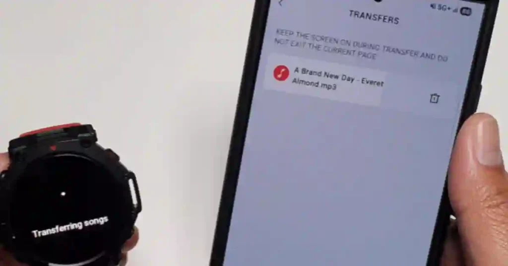 Screenshot of the Zepp App's Music Settings menu, highlighting the "Add" button used to select MP3 files for upload.