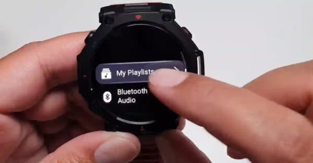 The Amazfit T-Rex 3 Pro screen showing the Bluetooth Audio section for pairing wireless headphones for offline playback.