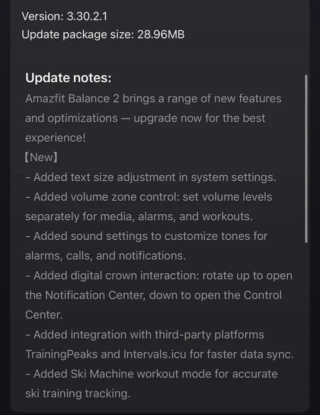 Screenshot of Amazfit Balance 2 firmware update 3.30.2.1 showing new features like text size adjustment, volume zone control, sound settings, digital crown shortcuts, TrainingPeaks integration, and Ski Machine workout mode.