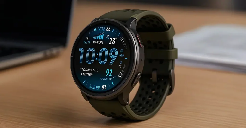Photorealistic render of the leaked Amazfit Active Max smartwatch, showcasing a 1.5-inch OLED display that reads '14 DAYS' and '576 mAh Battery' on a wooden desk.