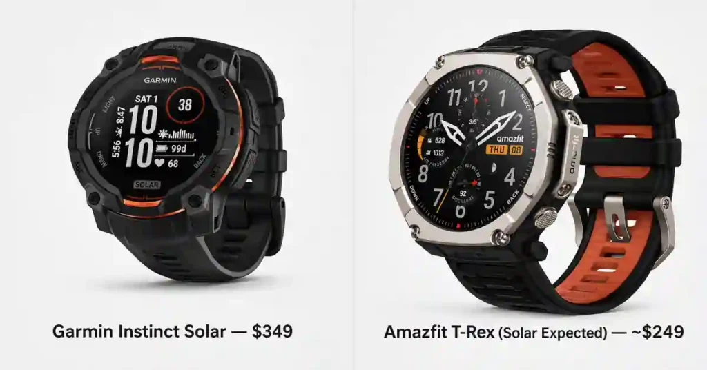 Left side: Garmin Instinct Solar — $349
Right side: Amazfit T-Rex (Solar Expected) — ~$249
