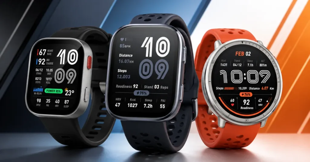 Amazfit Bip Max, Amazfit Active 2, and Amazfit Bip 6 smartwatches compared side by side as the best Amazfit smartwatches under $100 in 2026.