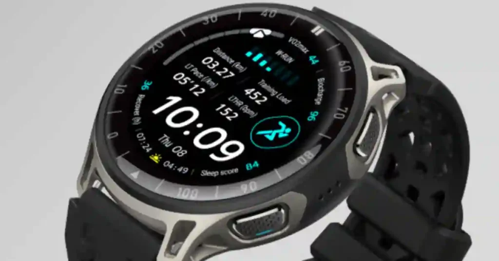 Close-up of the Amazfit Cheetah 2 Pro's titanium case and sapphire crystal display